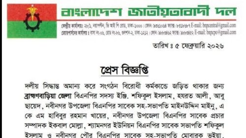 ব্রাহ্মণবাড়িয়ায় বিএনপির ৮ নেতাকর্মী বহিষ্কার